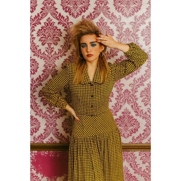 vintage 80s DROP WAIST DRESS gingham checkered secretary retro flannel M - Picture 2 of 7